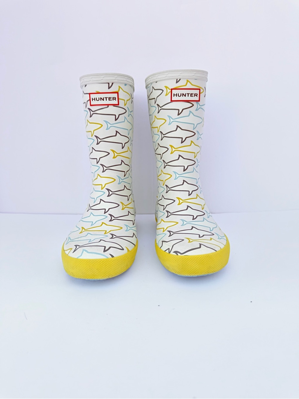 Hunter Kids First Classic Shark Print Rain Boots White Yellow Size